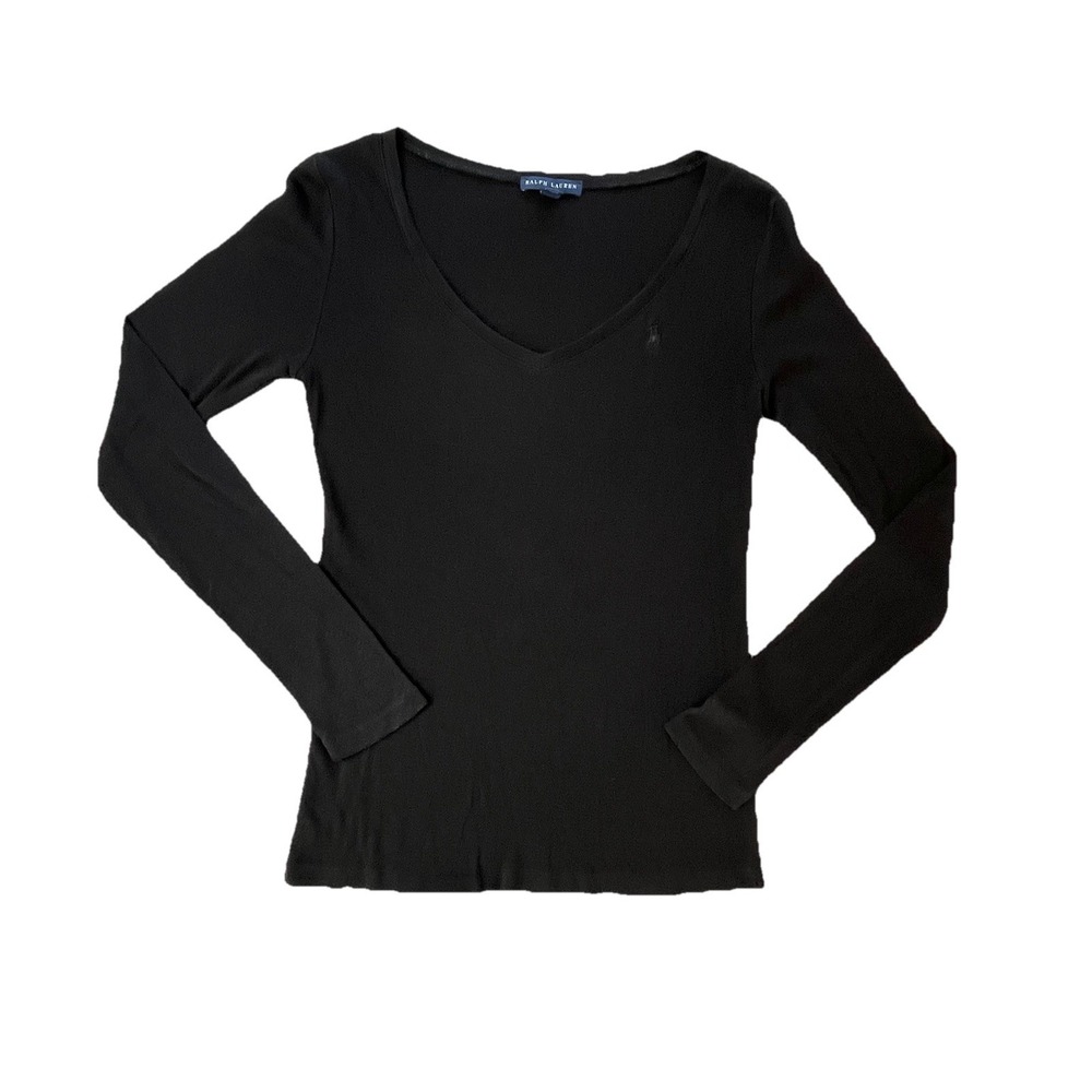 Ralph Lauren M Black V-Neck Long Sleeve Cotton Tee Top Quiet Luxury Preppy